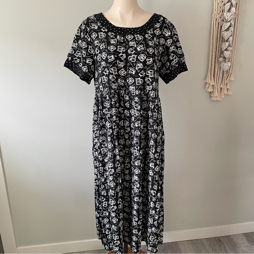 90s Vintage COFFEE Print Sigrid Olsen Maxi Tea Dress Cafe Graphic Long Midi